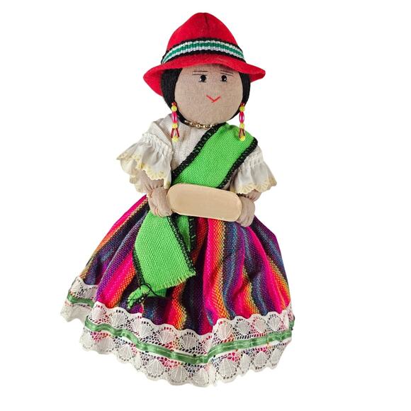 Handmade Bolivian Cloth Doll 9" Traditional Dress Red Hat Colorful Skirt & Beads - Picture 14 of 16